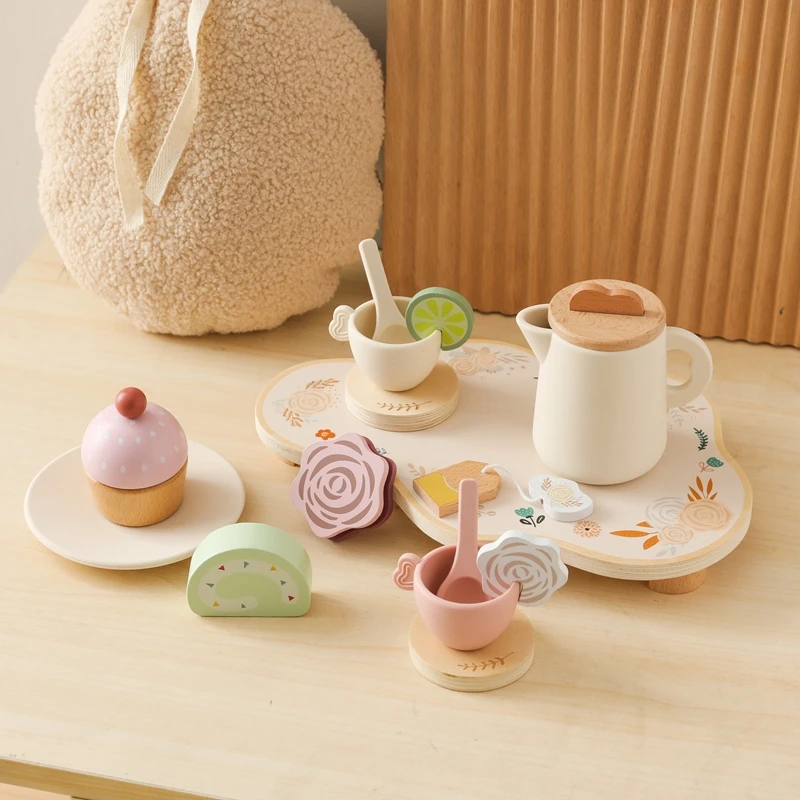 

Baby Wooden Montessori Toys Silicone Cups Wooden Plate Trays Dessert Model Playing House Afternoon Tea Set Kids Puzzle Toys Gift