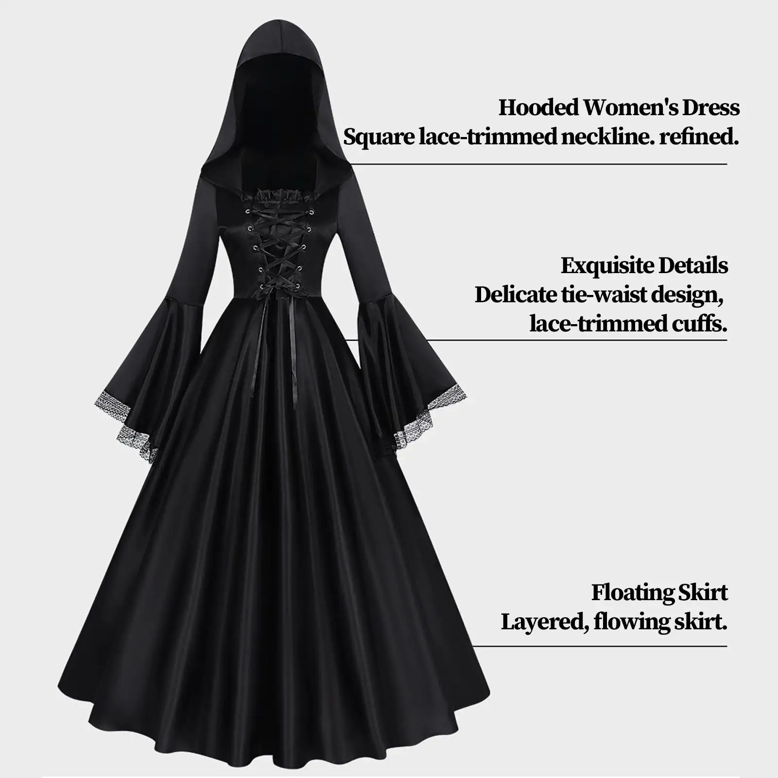 Halloween Witch Costume Medieval Gothic Long Dress Hooded Renaissance Cosplay Horror Dress-up for Women Haunted House Theater - view 3
