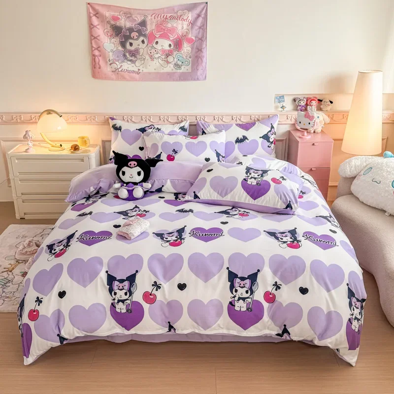 4-piece Sanrios Hello Kittys Kuromi Bed Sheet Quilt Set Cartoon Cute Melody Soft Cotton 3-Piece Girl Home Dormitory Bedding Set