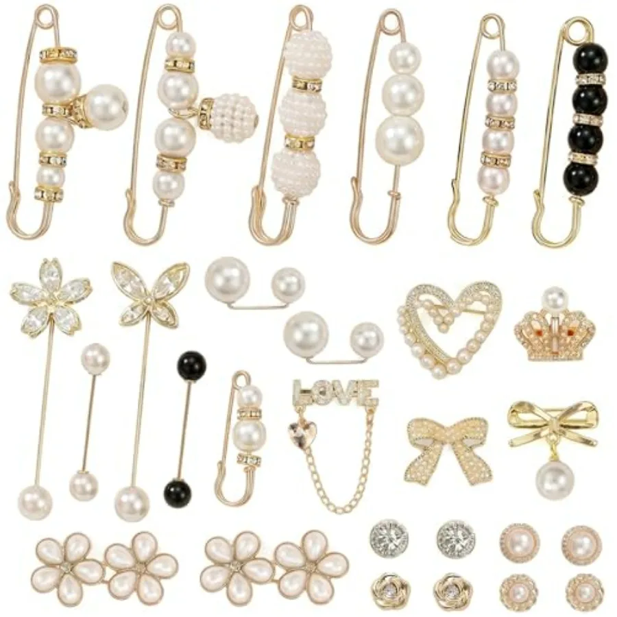 

28 Pcs Brooches and Pins for Women Clothing Include Safety Pins and Pants Waist Tightener Pearl and Rhinestone Design for Cloth