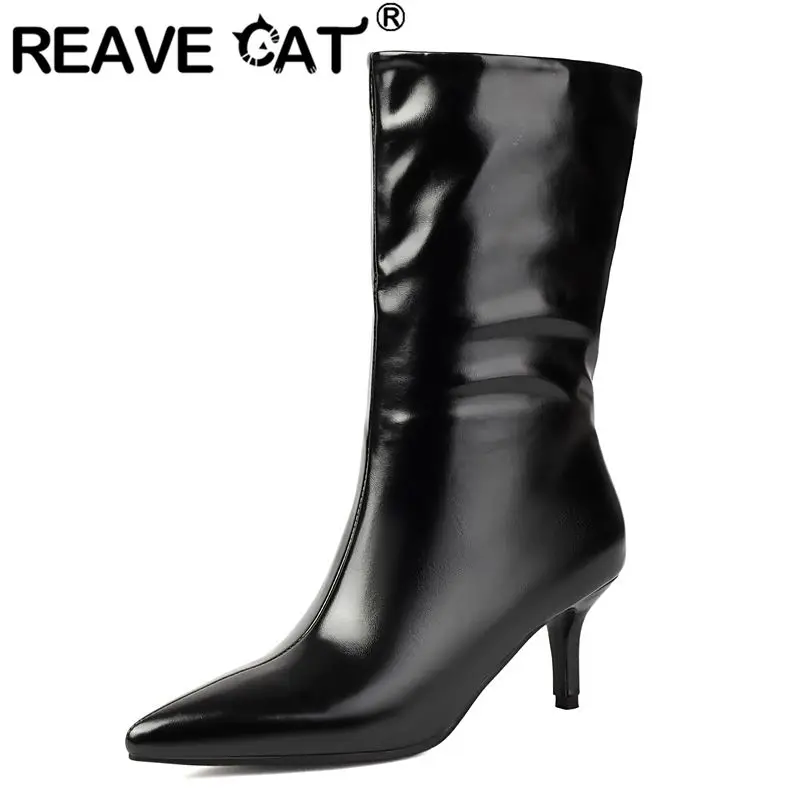 REAVE CAT Shiny Female Mid Calf Boots Pointed Toe 6.5cm Small Heels Side Zipper Plus Size 44 45 46 Leisure Daily Bota Silver Red
