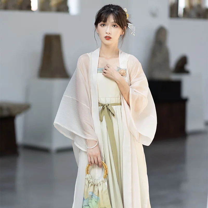 Hanfu vestido de tirantes finos hasta la cintura para mujer, conjunto de 2 piezas con bolso gratis, vestido tradicional chino para mujer