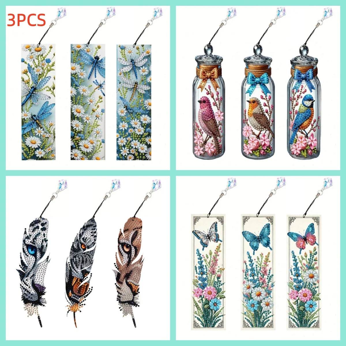3 Stück Acryl-Lesezeichen mit Tier- und Blumen-Diamantmosaik, leicht, ideal für Studenten und als Geschenk.