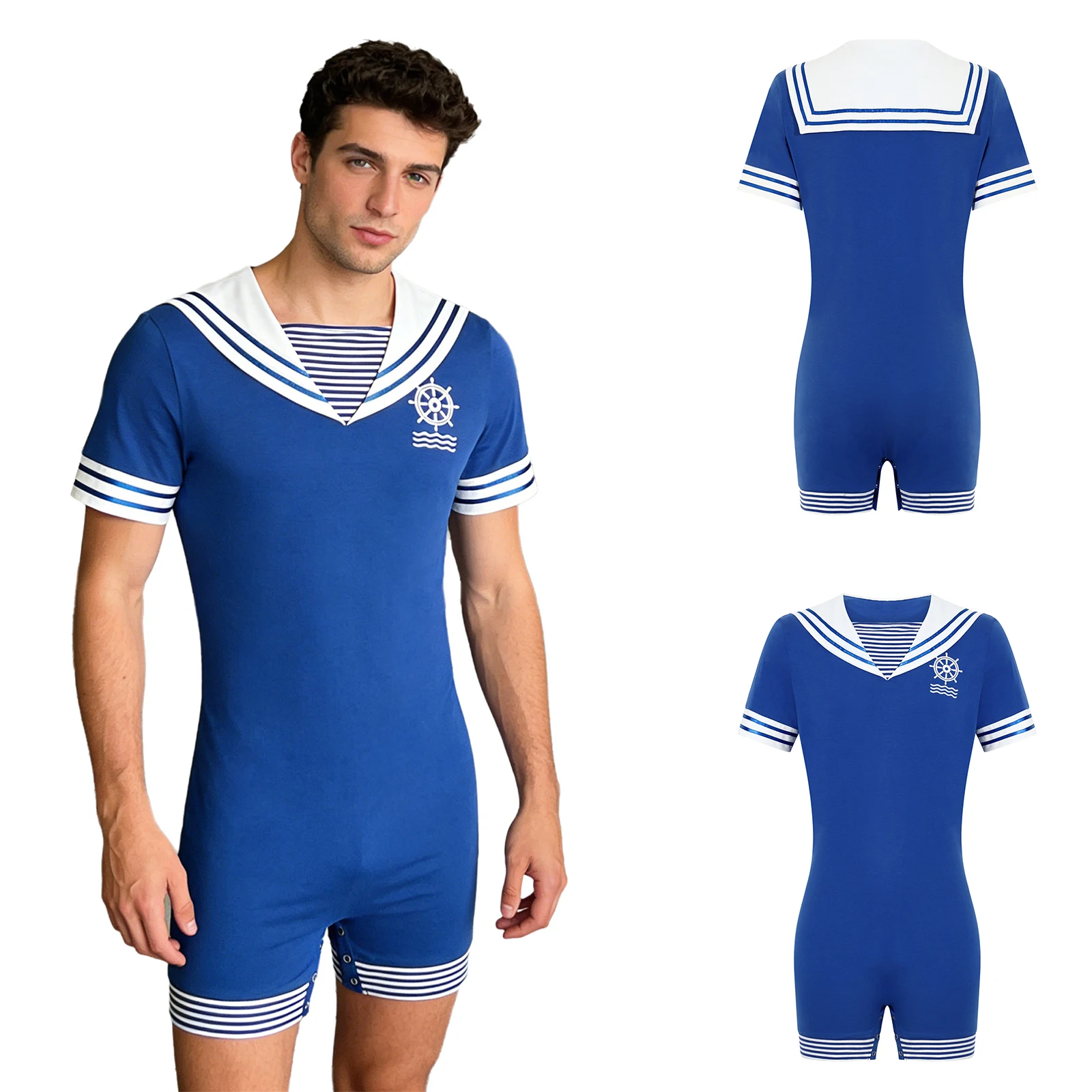 Men's Sailor Style Pajama Bodysuit, Navy Collar Short Sleeve Button Crotch One-Piece Loungewear for Sleep & Home