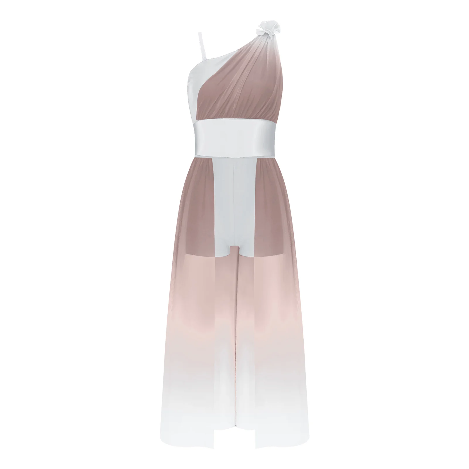 One Shoulder Lyrical Dance Romper for Women 3D Flower Applique Sheer Mesh Waist Shorts Gradient Hem Jumpsuit Modern Dancewear