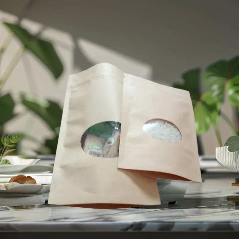 

300pcs Wholesale Kraft Paper Gift Bag with Ziplock Window Stand Up Pouch for Birthday Christmas Party Favor Displays Packaging