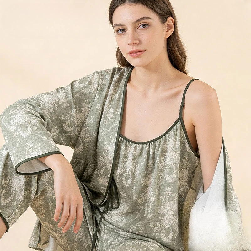 

2026 new spring and summer pure cotton camisole kimono long-sleeved jacket home wear three-piece set with a high-end feel