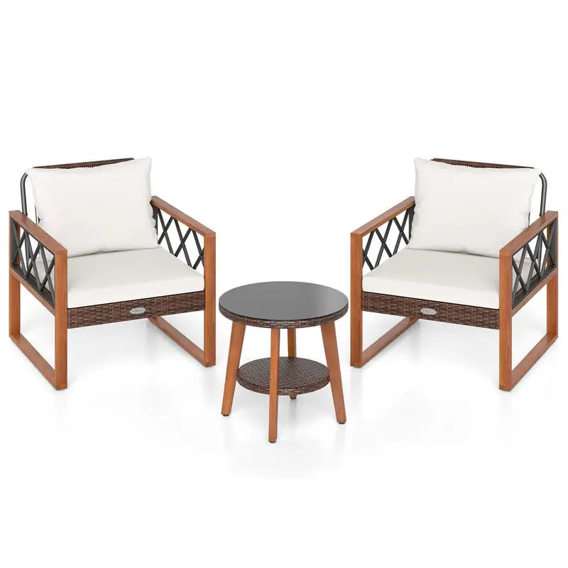 3 Pieces Patio Furniture Set with Tempered Glass Top Table and Soft Cushions-Off White