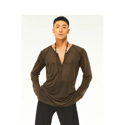 2026 Adult Latin Dance Practice Clothes Loose Small V -Neck Shirts Chacha Rumba Tango Dress Latin Dance Tops For Men DQS16625