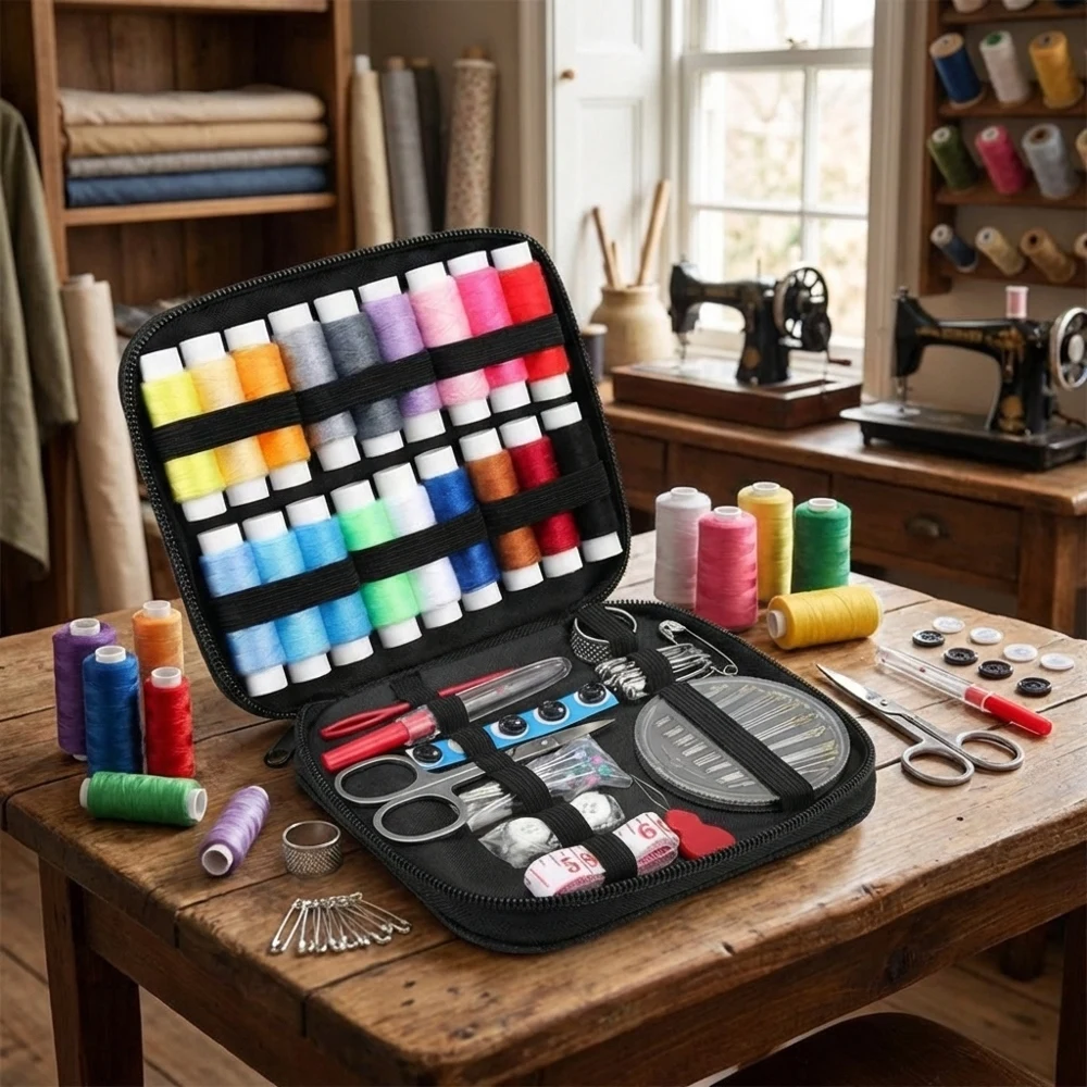 

Portable Sewing Kit with Assorted Threads Needles Storage Bag Scissors Tape Measure Buttons DIY Embroidery Handwork Travel Sewin