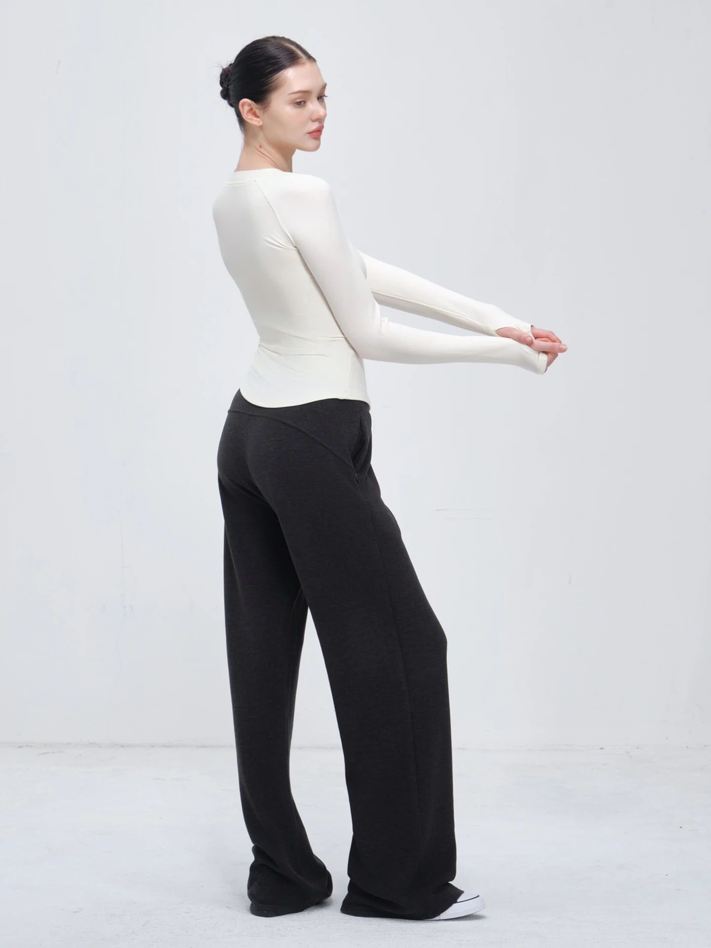 Black Drawstring High-Waisted Wide-Leg Pants for Women, Spring and Autumn Drapey Lazy Style Casual Pants, Slimming Floor-Length Straight-Leg Sports Sweatpants