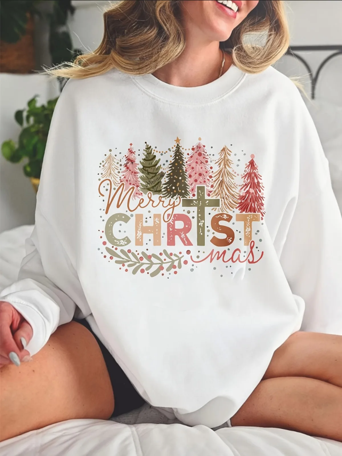 سويت شيرت نسائي كاجوال عصري من سلسلة عيد الميلاد بلوفر بنمط مطبوع مناسب لهدايا العطلات وقمصان الارتداء اليومي