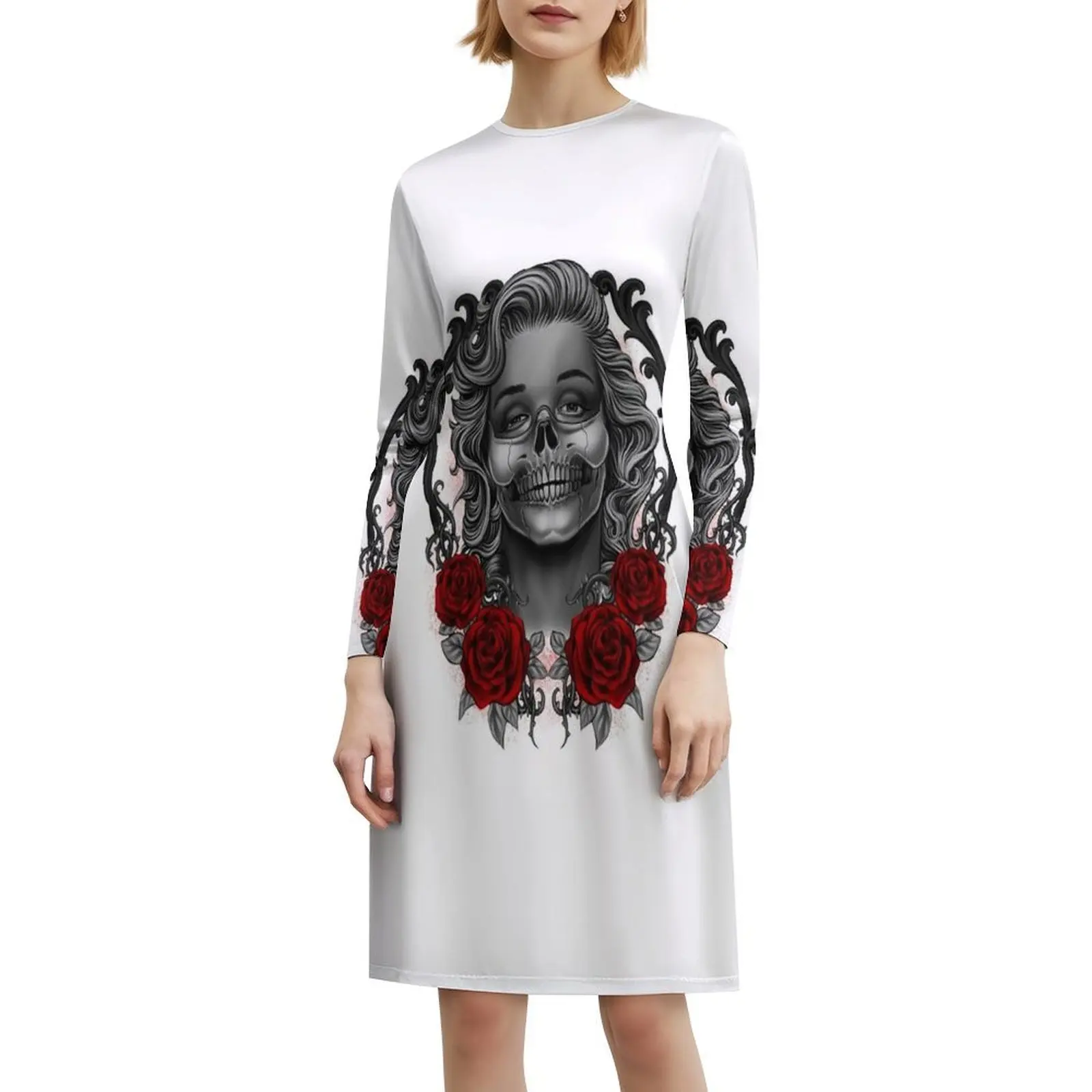 فستان كاجوال على الطراز الكوري على شكل جمجمة من Monroses للنساء فساتين بسيطة يومية للمكتب للسيدات على شكل جمجمة وزهرة وردية وشم مونرو للفتيات