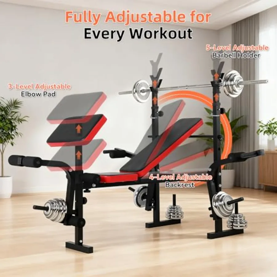 مقعد وزن 6 في 1 قابل للتعديل مع رف القرفصاء للاستخدام المنزلي، مقعد تدريب القوة قابل للطي عالي التحمل مثالي لكامل الجسم #4