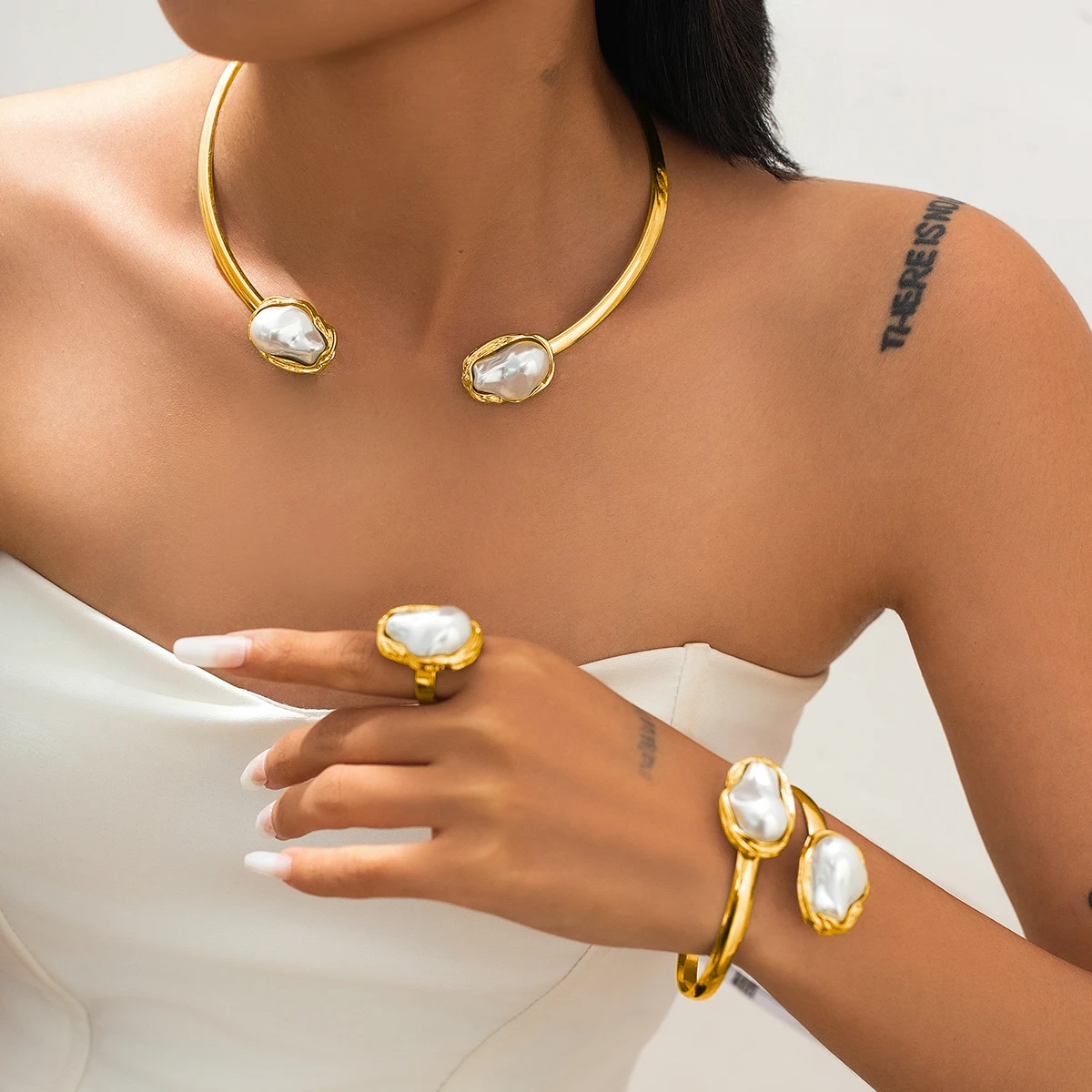 SHIXIN Elegant Baroque Imitation Pearl Choker Necklace Bangles Ring Jewelry Set Women Chunky Circle Open Torques Collar Bracelet