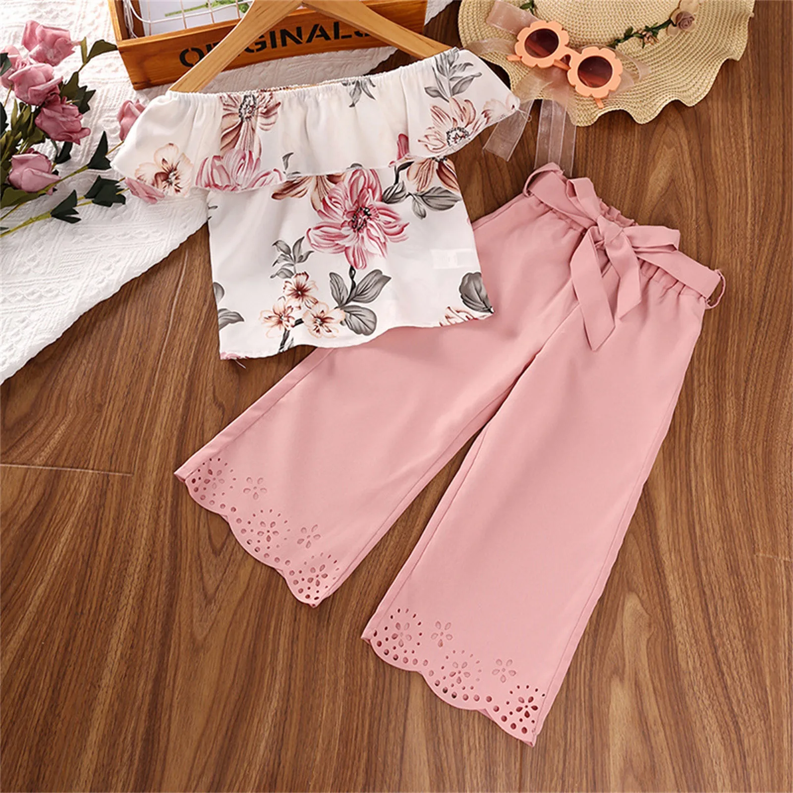 

Summer Girls' Set Casual Style Polyester One Shoulder Printed Ruffled Top and Solid Color Pants Belt Cutout Fashion