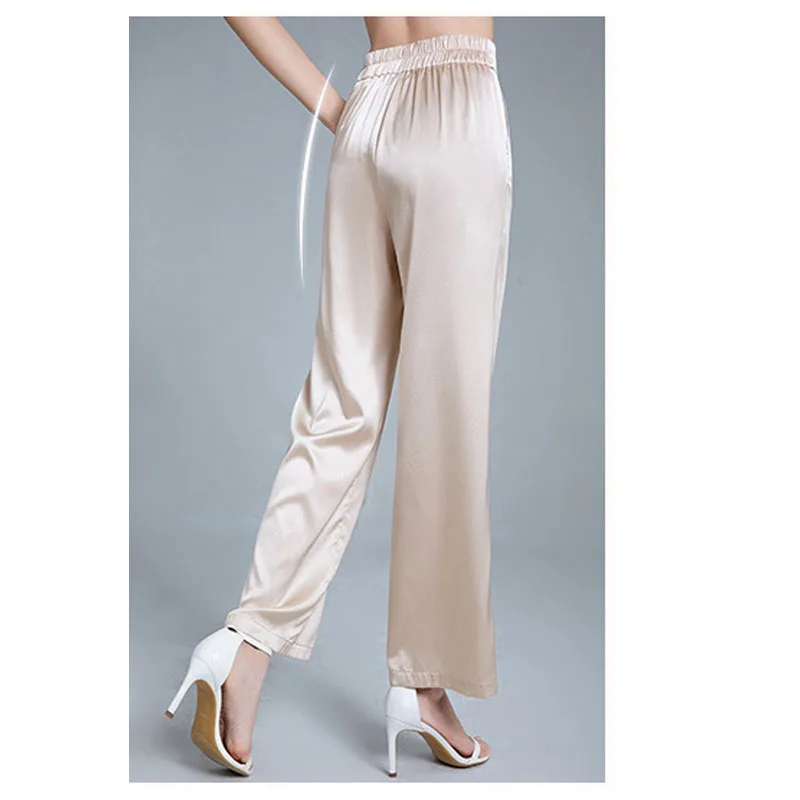 Solid Color Silk Women's Pants Loose Straight Leg Pants Summer New Draping Silk Wide Leg Pants Thin Black Pants Good quality