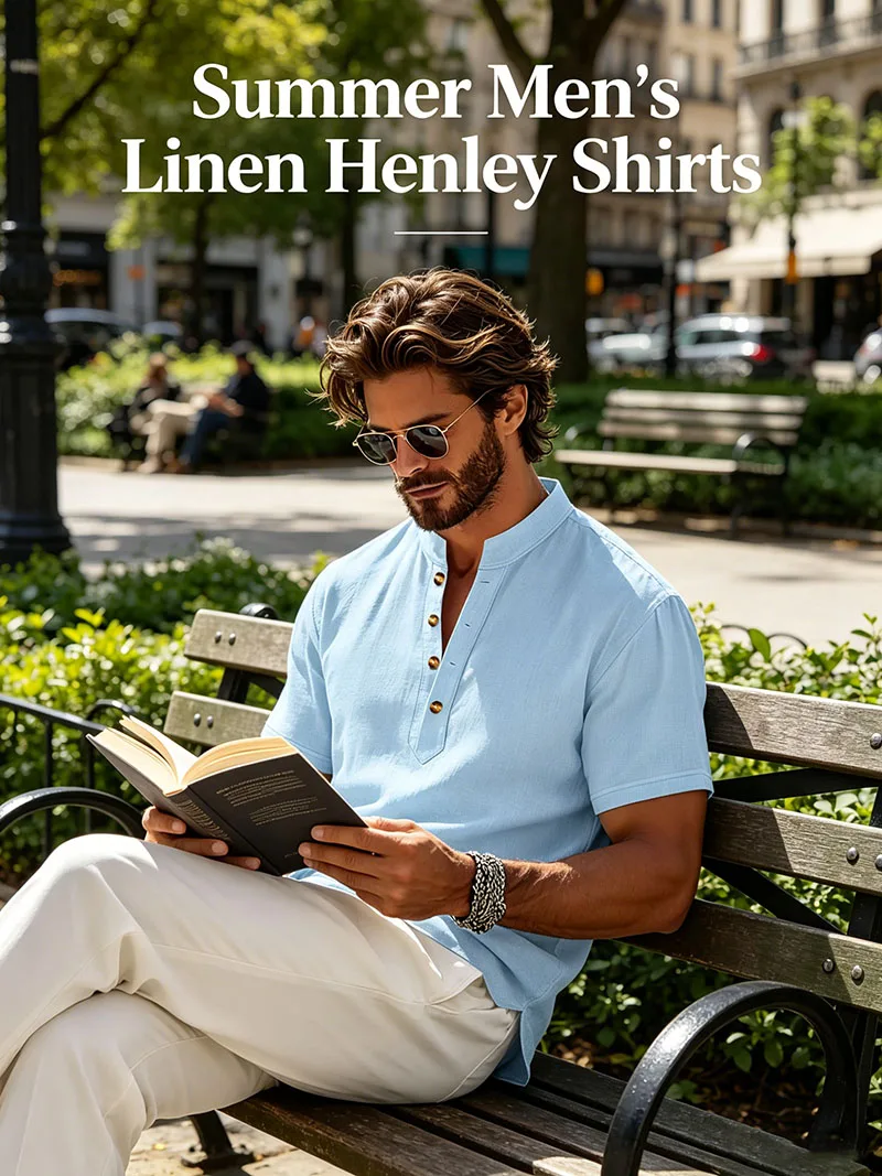 Summer New Men Cotton Linen Polo Shirt Short Sleeve Half Button Placket Loose Fit Casual Daily Beach Travel Holiday Wear Tops