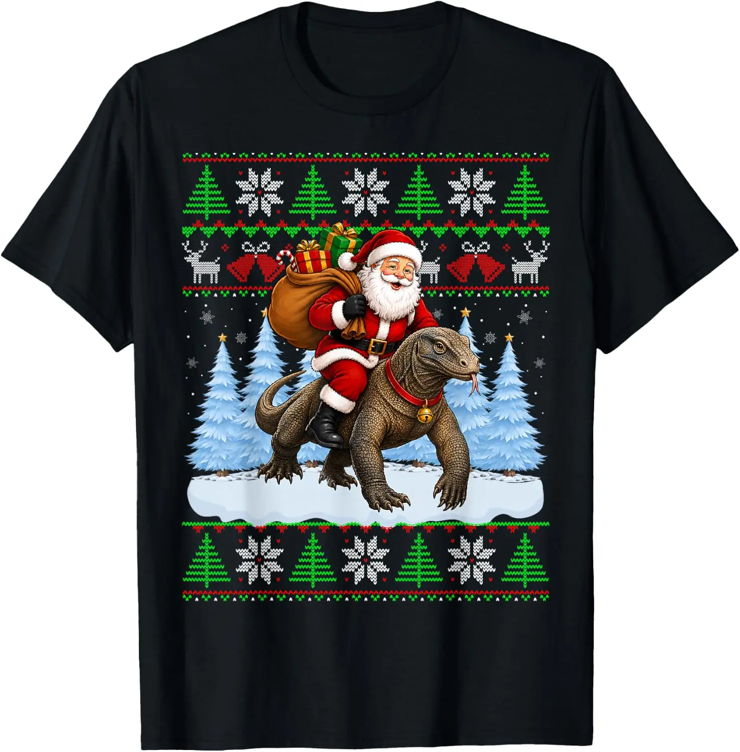 Ugly Xmas Sweater Funny Santa Riding Komodo Dragon Christmas T-Shirt Unisex Vintage Graphic Print T‑Shirt Retro Aesthetic Crew Neck Short Sleeve Soft Cotton Tee Casual Streetwear Tops Men.Unisex Holiday Festive Graphic Tee Party