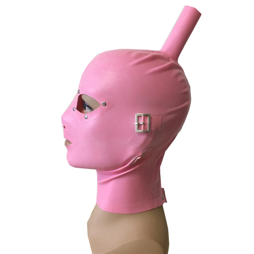 Sexy Pink Women Men Latex Rubber Mask with Hair Through Tube Cosplay Hood Back Zip Handmade Headpiece RLM115