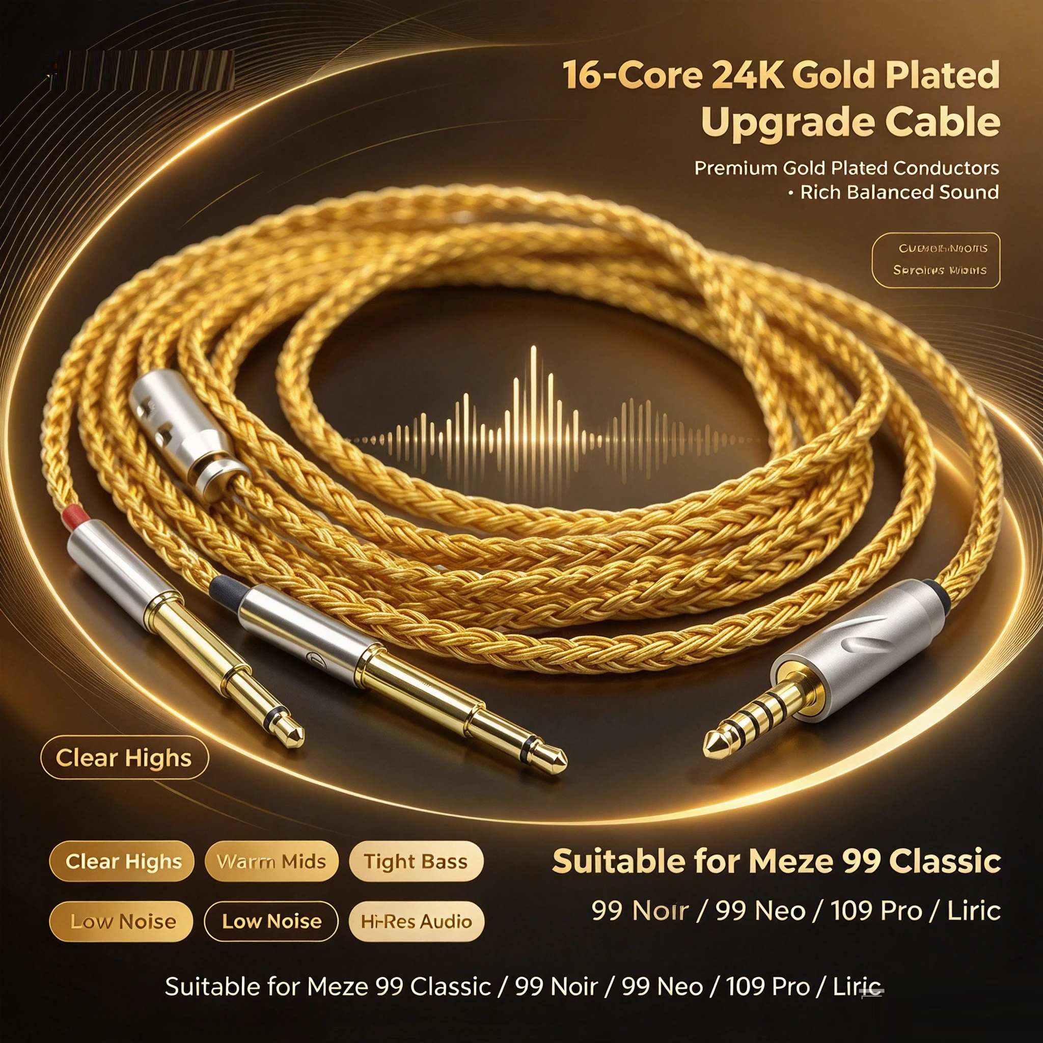 16 Core 24k Gold Plated Earphone Cable Upgrade Balanced XLR 2.5/4.4mm For Meze 99 Classic/99 Noir/99 Neo/109 Pro/Liric Headphone