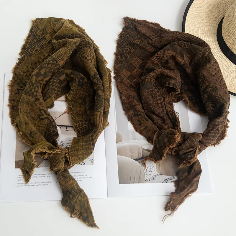 

Rag Style Retro Geometric Literary Double-sided Pure Cotton Triangular Scarf Versatile Neck Protection Decorative Headscarf