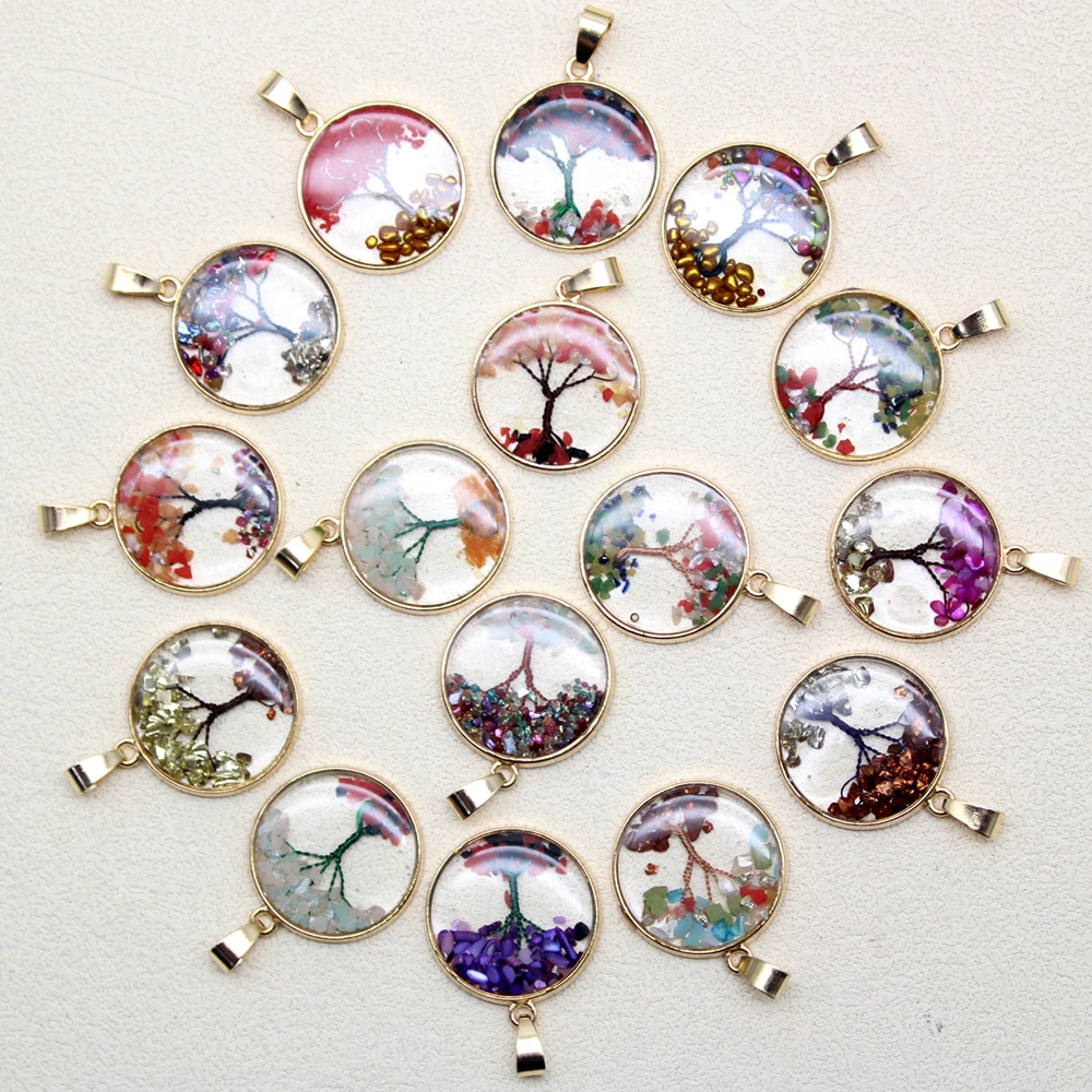 6 Pcs Mixed Color Stone Crystal Shell Handmade Round Tree of Life Pendant DIY Made Natural Stone Necklace Earrings Accessories