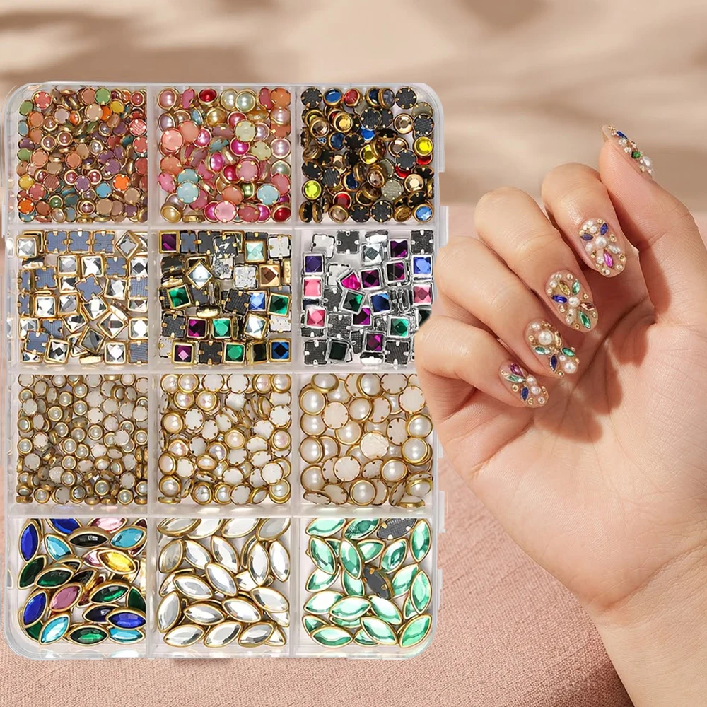 12Grids Mixed Shape Nail Rhinestones Multicolor Metal Rim Alloy Nail Charms Marquise Round Square Gem Stones DIY Manicure Decor