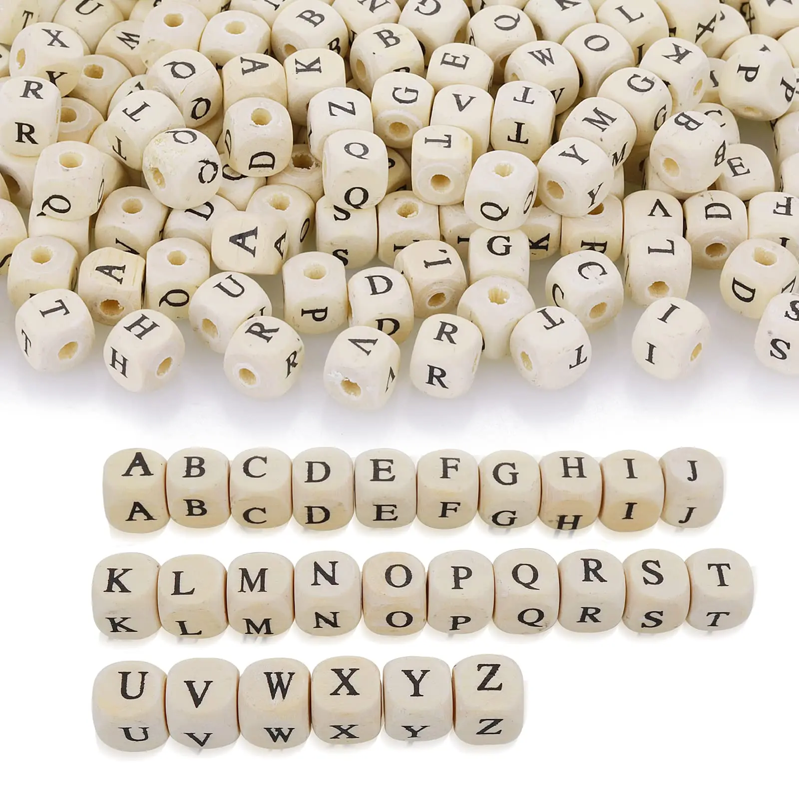 52pcs Alphabet Wood Beads, BetterJonny Natural Square Wooden Beads Wooden Loose Beads with 26 Letters Cube Beads Letter Beads