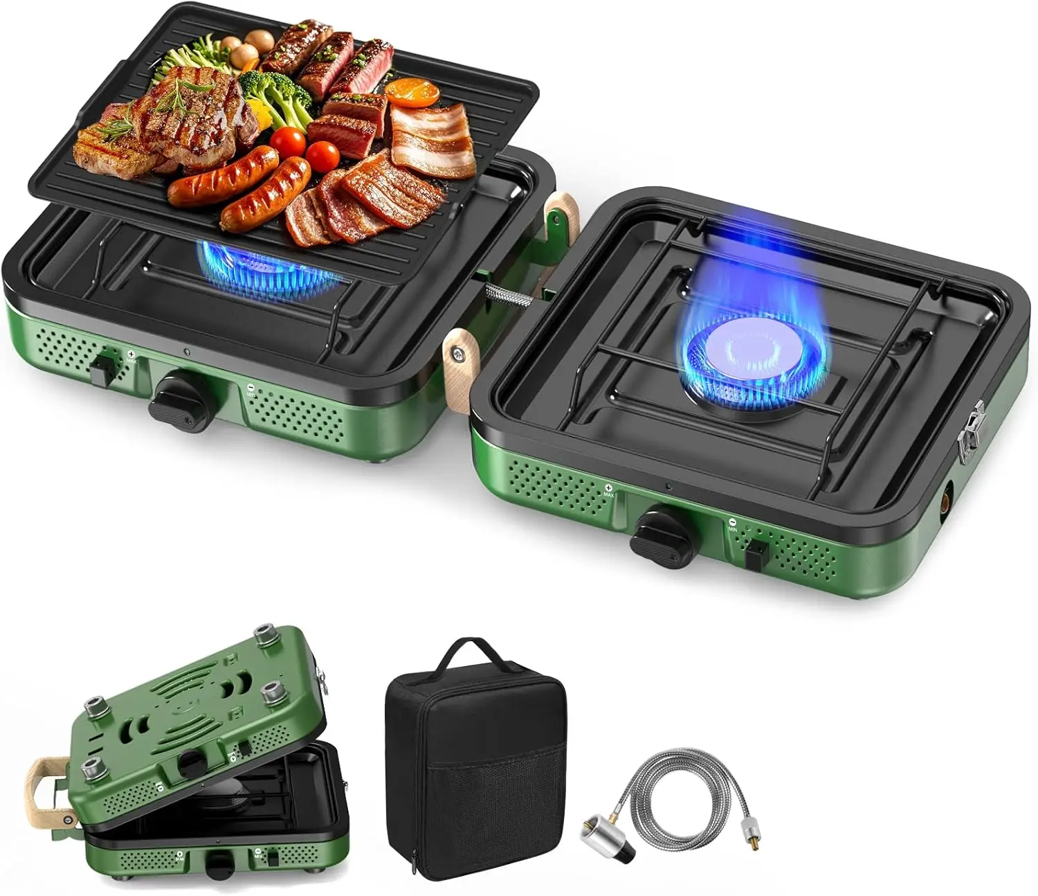 

2-Burner Camping Stove, 20000 BTU Propane Gas Stove with Grill, Folding, Portable, Piezo Ignition, Carrying Bag, Adjustable Burn