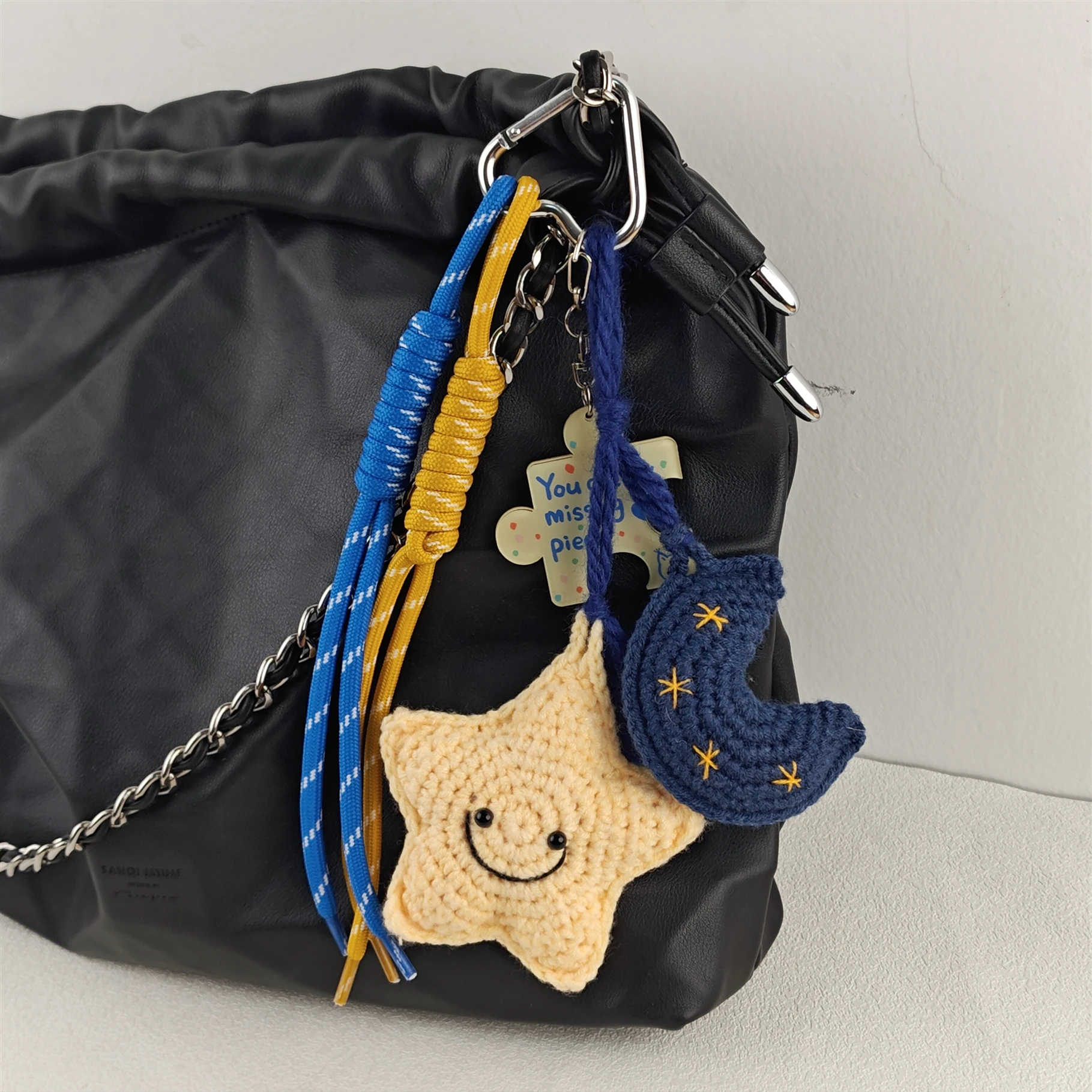 Hand Woven Smiling Face Star Moon The Sun High-Quality Bag Pendant Key Chain Blue Yellow Collocation Accessories Gift