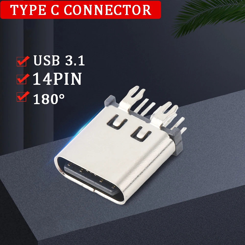 USB3.1 Connector Type C 14Pin Female Charge Socket Receptacle Through Holes 180° Vertical Harpoon Foot Plug-in PCB Board Adapter