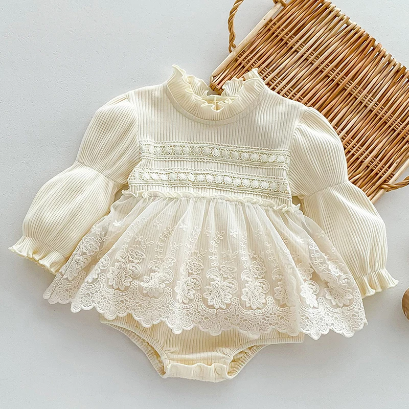 

0-24M Children Clothing Newborn Baby Girls Romper Long Sleeved Cotton Lace Stitching Autumn Spring Infant Baby Girls Jumpsuit