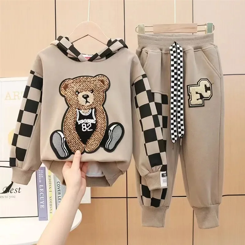 2-8 Years Spring Autumn Girls Clothing Set Cartoon Embroidered Bear Pattern Hoodies Sweatshirt+ Pants 2Pcs Outfit Suit For Kids