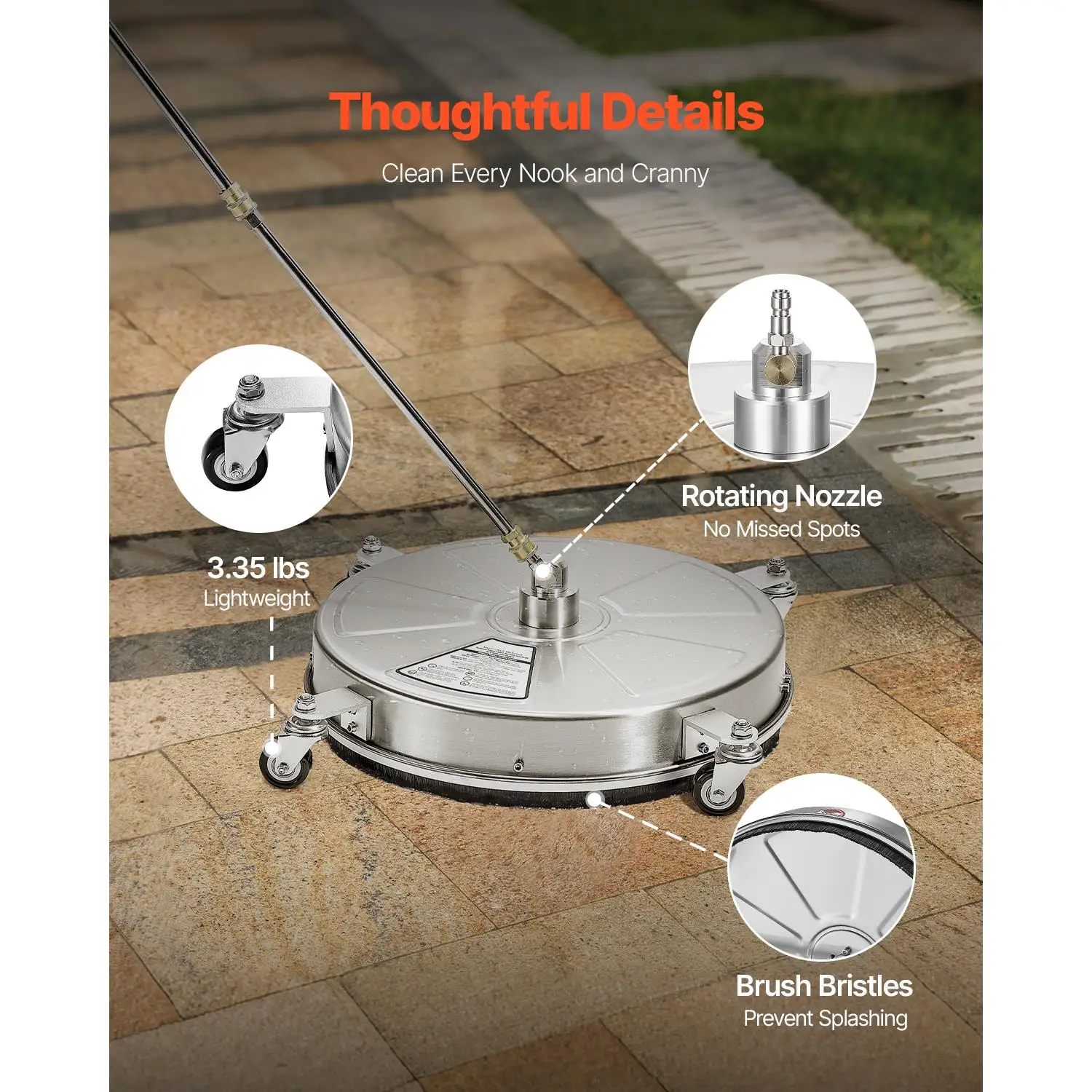 18 Inch Pressure Washer Surface Cleaner Stainless Steel Attachment with 4 Wheels 4000 Max PSI 1/4 Quick Connector 2 Spray Nozzles 2 Extended Wands for concrete Patio Deck