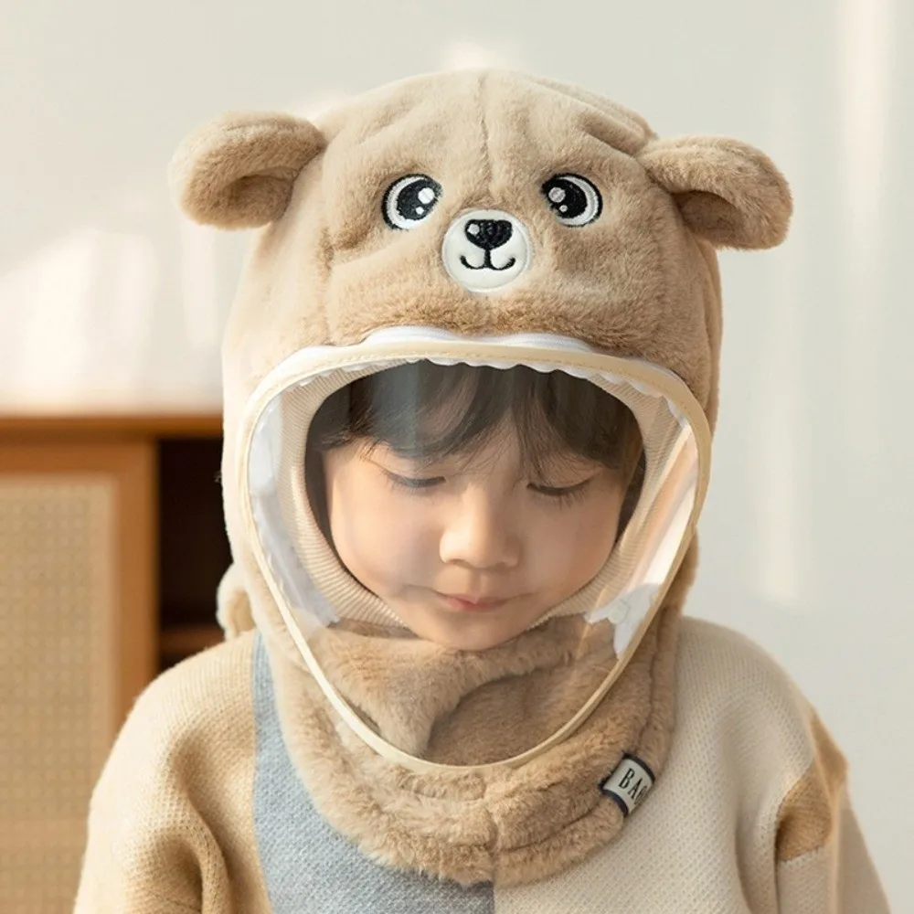Cute Cartoon Mask Integrated Hat with Detachable Windshield Windproof Head Caps Soft Thickened Fleece Hooded Hat
