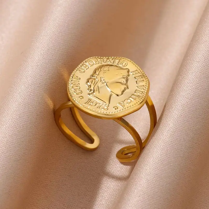 Stainless Steel Round Portrait Open Rings For Women Gold Color Adjustable Wedding Aesthetic Ring Party Fashion Jewerly Gift BFF