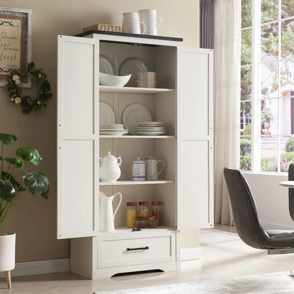 Armoire de garde-manger de cuisine, armoires de rangement de cuisine en bois, étagères réglables, 2 portes de grange et bibliothèques MEL, 72 po de haut