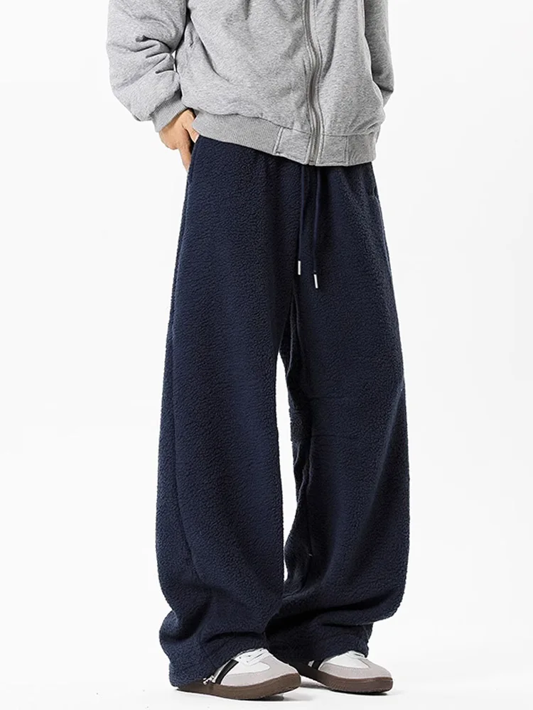 

Thiened Fce Winter Sports Pants for Men Loose Wide Leg Casual Straight Tube Pants Low Waist Long Leisure Trousers