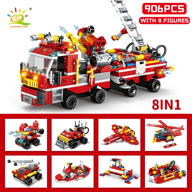 HUIQIBAO City Fire Fighting 8in1 Trucks Car Helicopter Boat Building Blocks Firefighter Figures Man Bricks Toys For Children