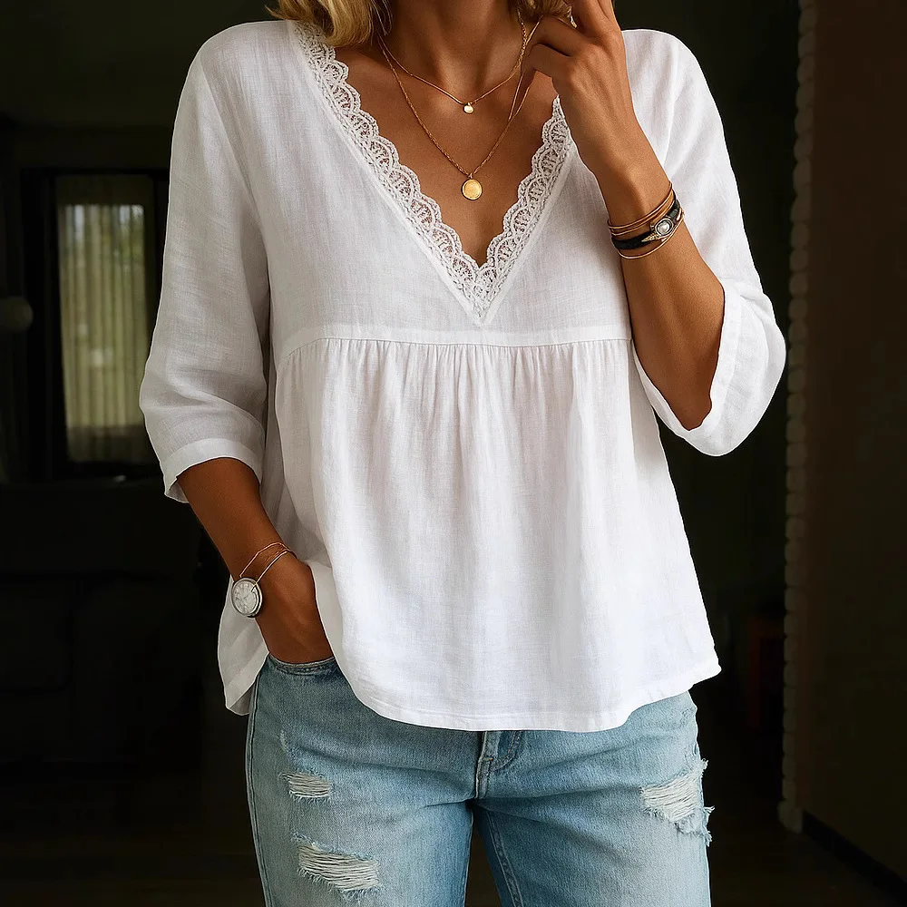 

Новая женская повседневная блузка с рукавом три четверти, кружевным V-образным вырезом и разноцветным узором, модель 2026 года