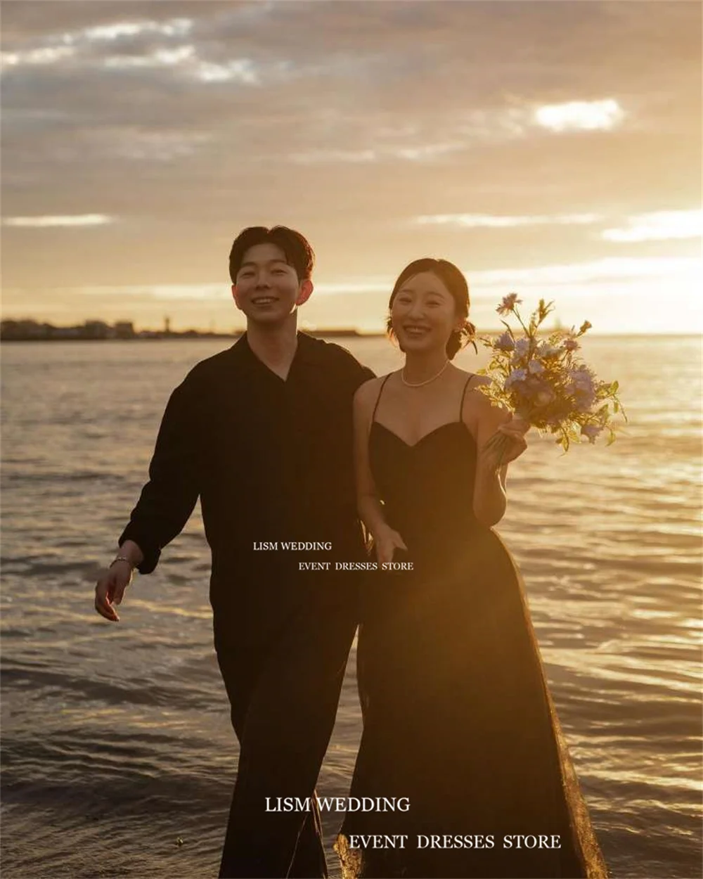 LISM Unique Black Wedding Dresses Spaghetti Strap Sweetheart A-Line Bridal Gowns For Korean Women Formal Dress 2023 Photoshoot