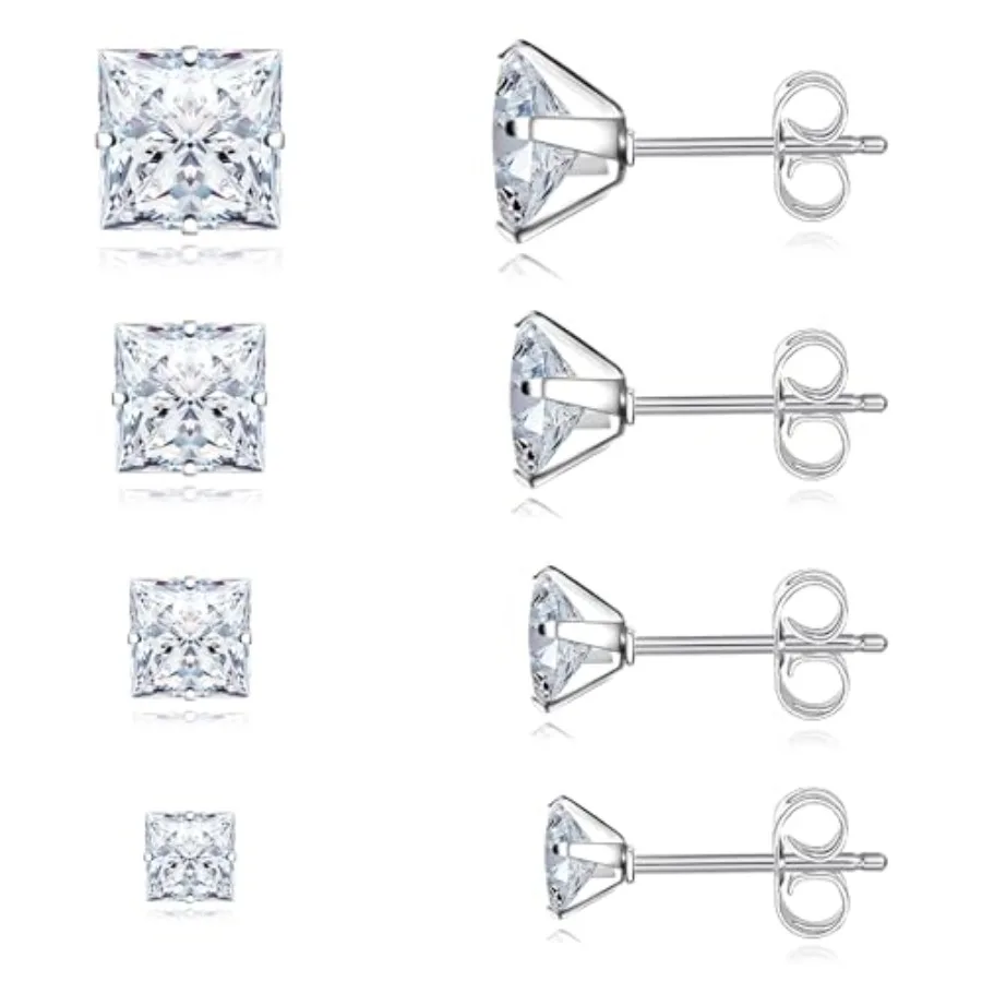 

Trinckle 4 Pairs Stainless Steel Earrings, Square Stud Earrings for Men and Women, Hypoallergenic Silver Cubic Zirconia Earing