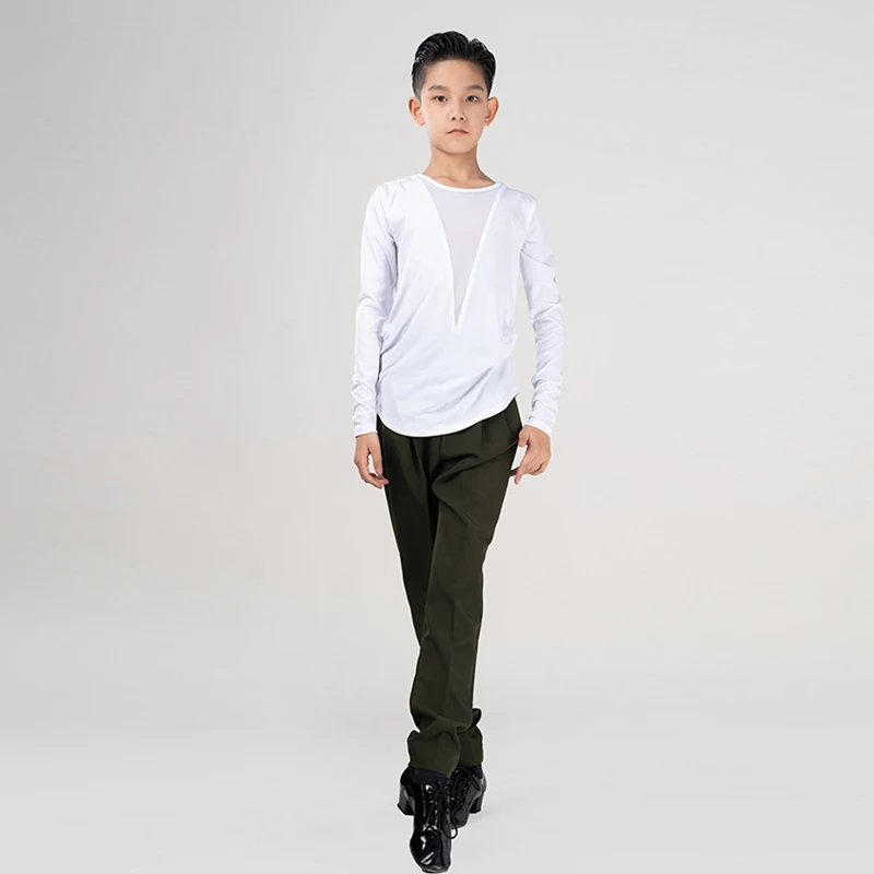 2024 New Latin Dance Performance Costumes Boys V-Neck Mesh Tops Black Pants Suit Kid\'s Rumba Tango Dance Training Clothing XH948