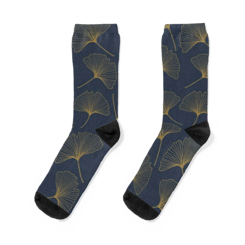 

Navy Blue and Gold Ginkgo Leaves Art Deco Pattern Socks luxury Rugby sports stockings Novelties Socks Male Women's