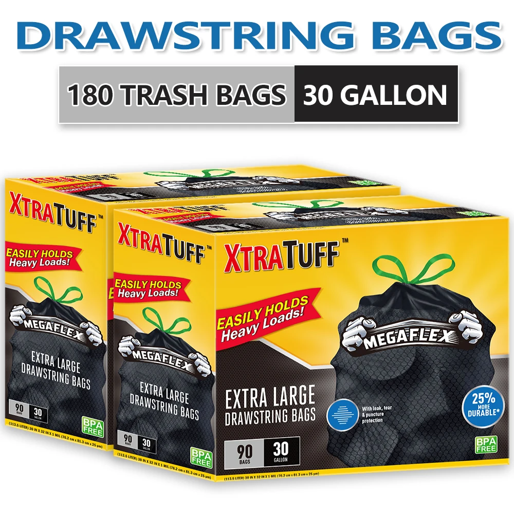 Xtratuff Extra Large Kitchen Drawstring Trash Bags 30 Gallon Black Trash Bag Unscented  BPA FREE 180 Count Garbage Bags Strong