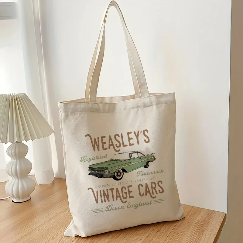 Wizard Flying Car Pattern Tote Bag, Aesthetic Canvas Shoulder Bag, Lightweight Shopping Grocery Bag