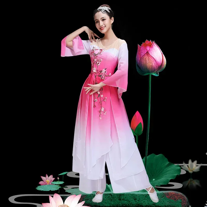 Traje de Dança Hanfu para Mulher, Dança do Guarda-chuva, Fan Dance, Oriental, Étnico, Jiangnan, Adulto, Vestido Yangko Feminino, 2024