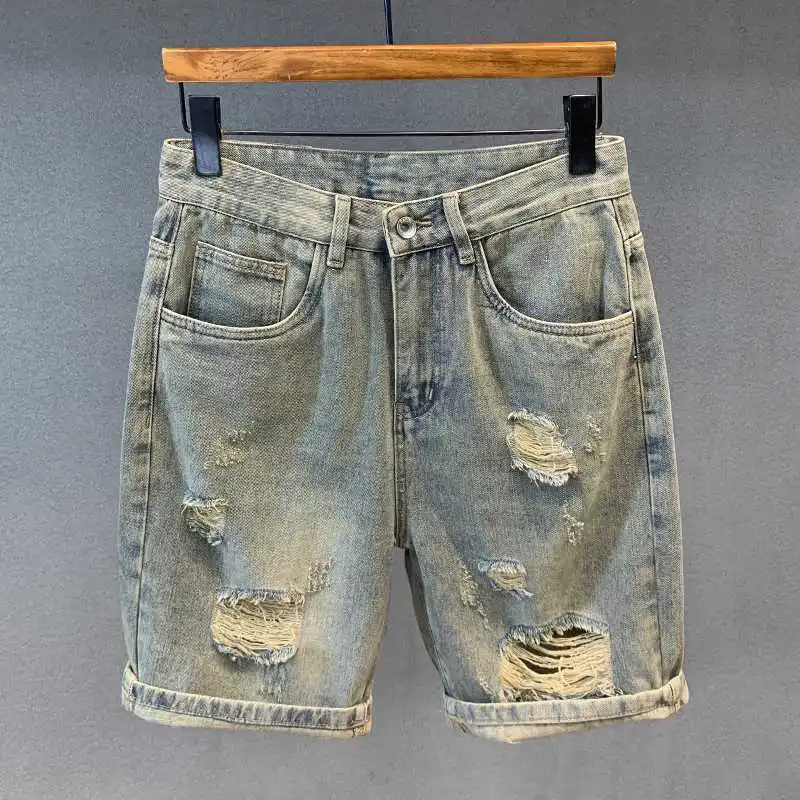 

Ретро стираные старые модные брендовые рваные джинсовые шорты, мужские полубрюки, летние свободные прямые джинсы, короткая мужская одежда, средние брюки