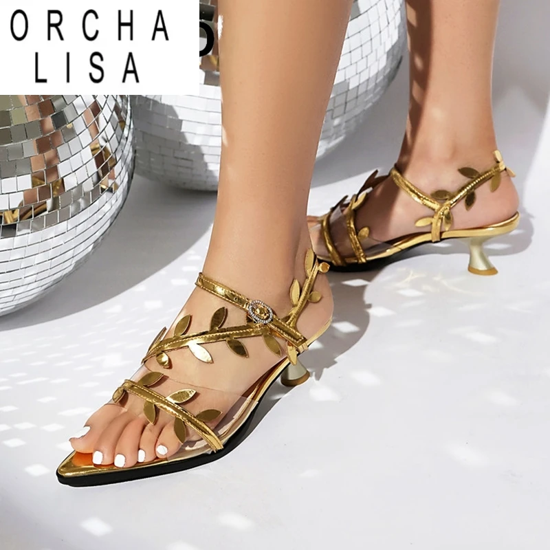 ORCHA LISA 2025 New Brand Design Women Sandals Pointed Toe Sweet Elegant Flower Leaf Silver Gold Rose Orange Big Size 44 45 46
